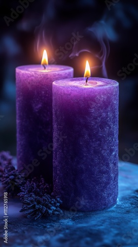 Two Purple Candles in a Dark Setting with Pine Cones. A Peaceful and Intriguing Ambiance