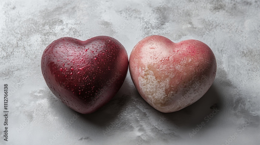 Two wet heart shaped objects symbolizing love on a textured surface. Two wet heart shaped objects symbolizing love on a textured surface.