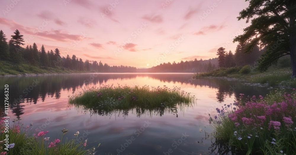 Soft pastel pink sunset over a serene lake with lush greenery and vibrant wildflowers, lake scene, pastel pink colors Soft pastel pink sunset over a serene lake with lush greenery and vibrant wildflowers, lake scene, pastel pink colors