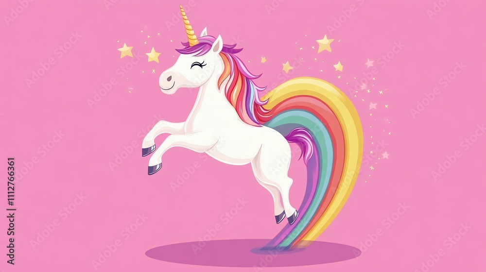 A magical white unicorn with a rainbow mane and tail jumping over a rainbow on a pink background. A magical white unicorn with a rainbow mane and tail jumping over a rainbow on a pink background.