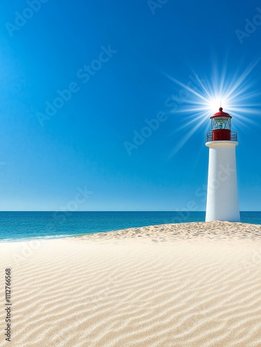 Serene Coastal Lighthouse in a Clear Blue Sky - A captivating lighthouse stands on sandy shores, radiating light against a vibrant blue sky, symbolizing guidance and tranquility.