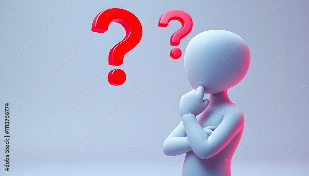 A 3D figure in a thinking pose surrounded by three large red question marks on a glowing, colorful background. Represents curiosity, problem-solving, or decision-making. A 3D figure in a thinking pose surrounded by three large red question marks on a glowing, colorful background. Represents curiosity, problem-solving, or decision-making.