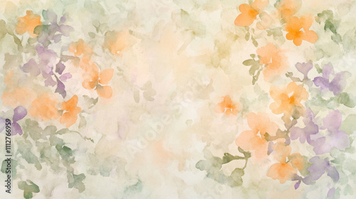 Soft watercolor florals in pastel tones, subtly scattered across a pale grayish-white background,