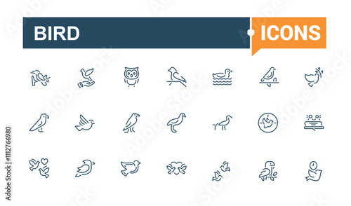 Bird linear icon collection. Related to wing, wren, wild, aviary, sparrow and more. Set of line pictogram. Editable vector icon and illustration.