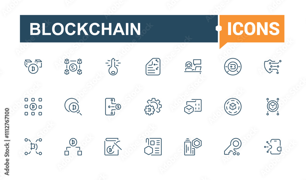 Blockchain icons in linear style. Includes thin line cryptocurrency, chain, set, mining, wallet, illustration and more. Collection for mobile and web apps. Editable vector illustration. Blockchain icons in linear style. Includes thin line cryptocurrency, chain, set, mining, wallet, illustration and more. Collection for mobile and web apps. Editable vector illustration.