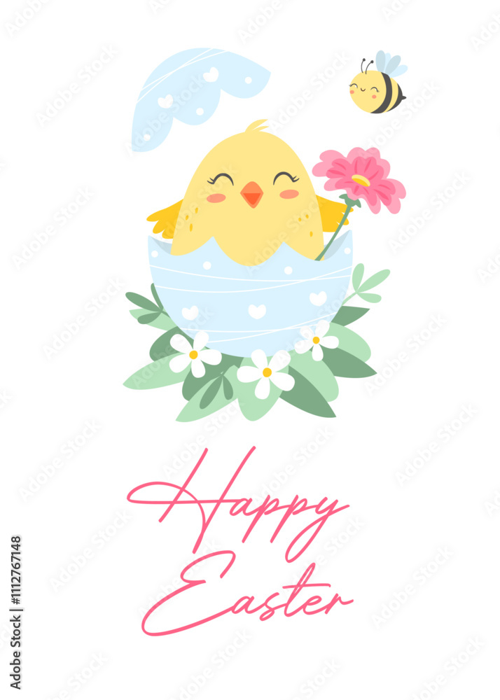 Fototapeta premium Spring and easter greeting card or poster with cute bird, egg, flowers, and lettering. Vector illustration.