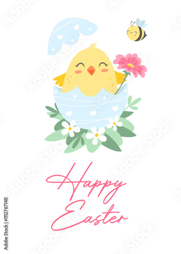 Spring and easter greeting card or poster with cute bird, egg, flowers, and lettering. Vector illustration.