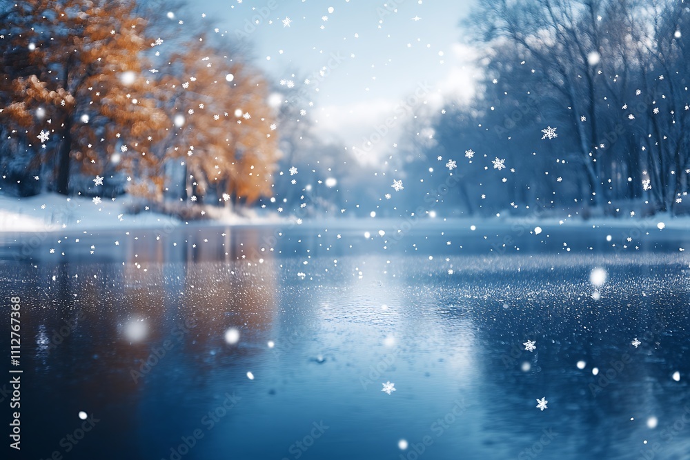 A serene winter landscape with a frozen lake reflecting the snowy trees and falling snowflakes. A serene winter landscape with a frozen lake reflecting the snowy trees and falling snowflakes.