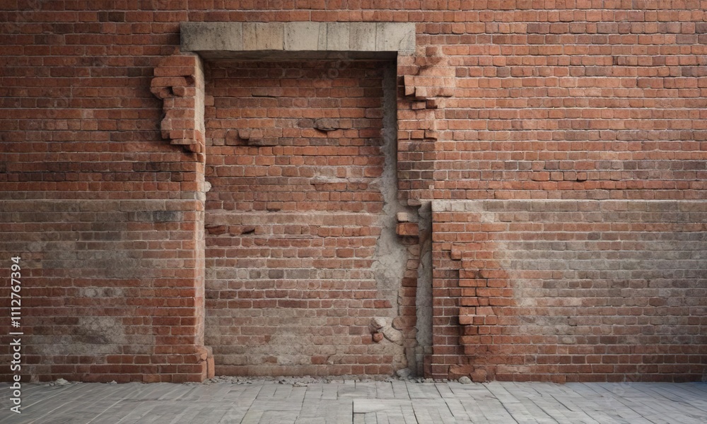 Unfinished brick wall with a partially bricked up doorway and mortar cracks, partial brickwork, old passage, incomplete arch Unfinished brick wall with a partially bricked up doorway and mortar cracks, partial brickwork, old passage, incomplete arch