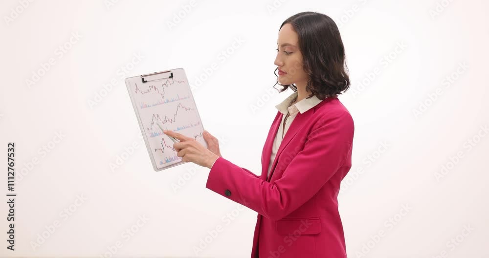 Young businesswoman holds document with detailed graphs on white background. Lady entrepreneur presents strategic plans to increase company revenue slow motion