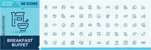 Breakfast Buffet thin line icon set. Featuring isolated, black, kids, set, snack, icon, glyph and more. Perfect for logos and infographics. Vector illustration in modern line style.