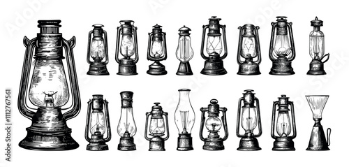 Engraving old lamps. Barn retro lightings, lantern with gas or fuel mantle, carbide and kerosene light bulbs, hand drawn isolated vectors on white background
