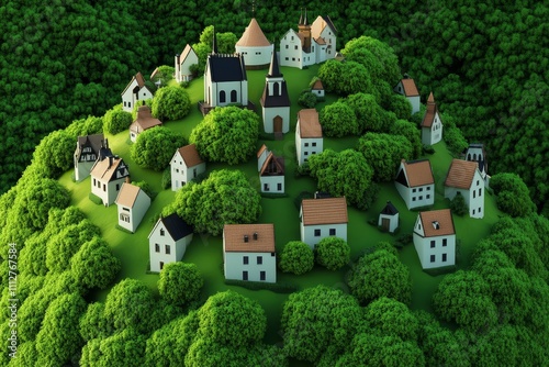 Serene Village Nestled in Lush Greenery - A picturesque village of charming houses set atop a verdant hill, surrounded by dense trees and nature's beauty, symbolizing tranquility and harmony.