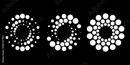 Set of white  dotted  vortex  shapes. Geometric art. Halftone dots. Trendy design element for logo, tattoo, sign, symbol, web, prints, posters, social media, template, pattern and abstract background