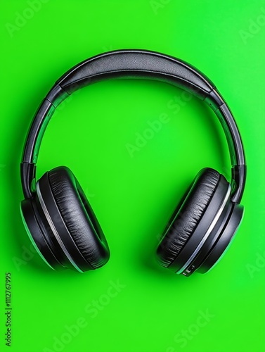 Sleek Black Headphones on Vibrant Green Background - Stylish black headphones resting on a bright green surface, perfect for music lovers and tech enthusiasts.