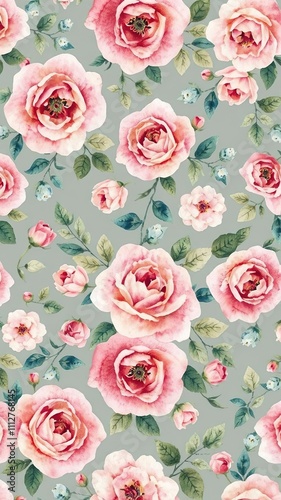 Watercolor floral pattern featuring delicate roses, leaves, and buds in shades of pink, green, and blue, floral, feminine, pattern