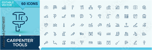 Carpenter Tools line web icon set. Includes icons for mechanic, industry, tools, construction, wood and more. Minimal linear icons. Editable stroke.