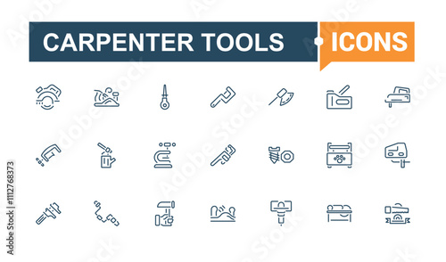 Carpenter Tools icon pack. Contains such icons as axe, home, carpentry, carpenter, equipment, service, construct and more. Thin linear style icons. Editable vector stroke.