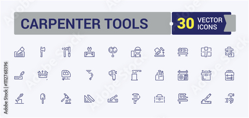 Carpenter Tools thin line icon set. Containing workshop, mechanic, builder, construction, drill, equipment, screwdriver and more. Outline symbol collection.