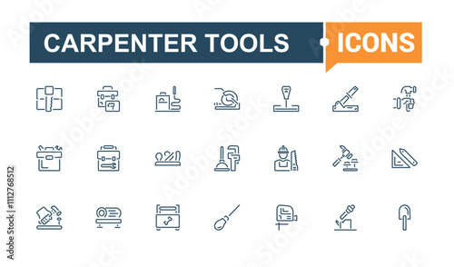 Carpenter Tools icon pack. Contains such icons as axe, home, carpentry, carpenter, equipment, service, construct and more. Thin linear style icons. Editable vector stroke.