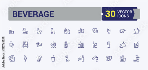 Beverage icons. Includes thin line smoothie, champagne, thin, servers, banqueting, pubs, milk and more. Simple line vector. Editable stroke.