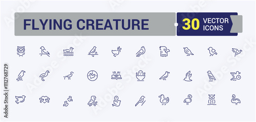 Flying Creature linear icon collection. Contains such icons as sparrow, wren, beak, wild, flying, wing, animal and more. Thin UI icon design. Vector outline icons collection.