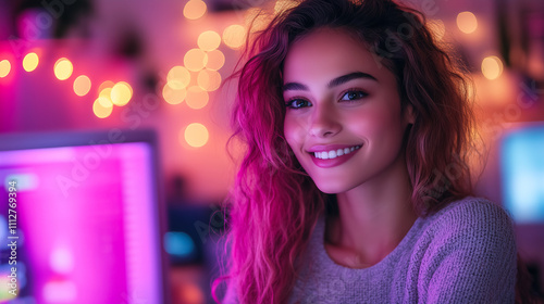 Smiling young woman with curly hair in cozy space illuminated by colorful lights at night. Generative AI