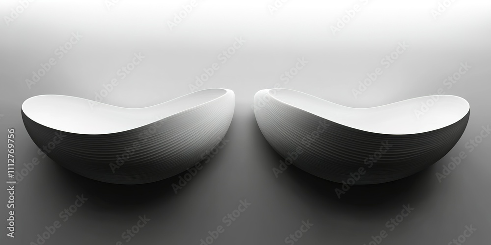 Unique modern design of two white sculptural bowls illuminated by soft light Unique modern design of two white sculptural bowls illuminated by soft light
