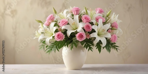 Wallpaper Mural A beautiful bouquet of pink roses and white lilies in a elegant vase against a soft, creamy background , luxurious, vintage Torontodigital.ca