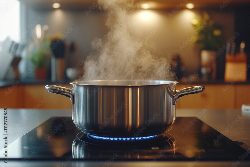 Cooking a pot of water on a modern stove in a bright kitchen with steam rising Cooking a pot of water on a modern stove in a bright kitchen with steam rising