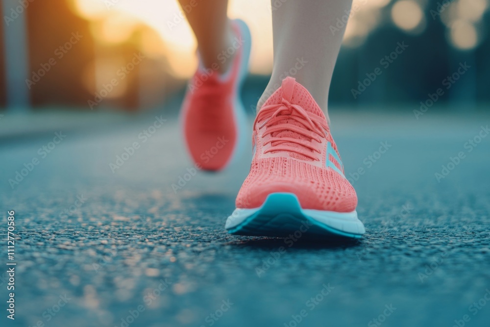 Close-Up of Vibrant Pink Running Shoes on Sunlit Asphalt: Fitness and Active Lifestyle Concept Close-Up of Vibrant Pink Running Shoes on Sunlit Asphalt: Fitness and Active Lifestyle Concept