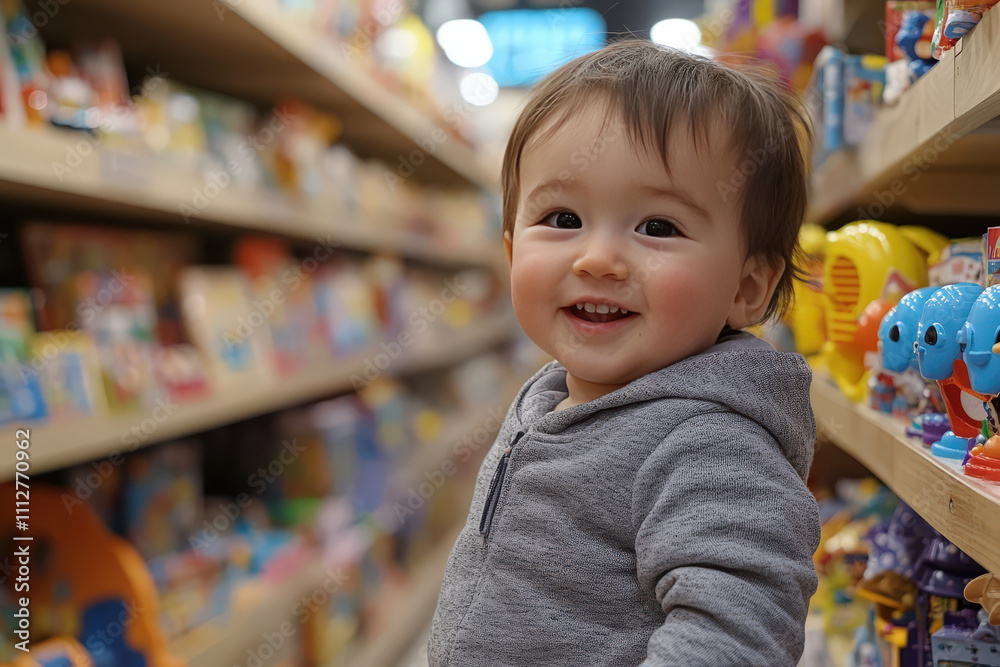 Happy little boy in a toy store. Joyful child in a store with toys. Happy little boy in a toy store. Joyful child in a store with toys.