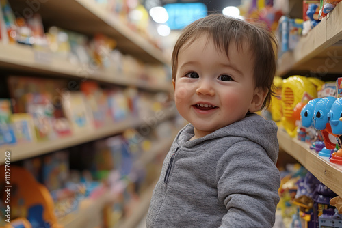 Happy little boy in a toy store. Joyful child in a store with toys.
