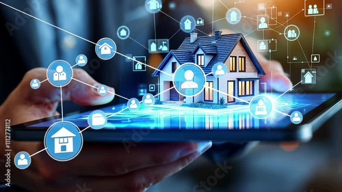 Real estate agent using tablet with house hologram. Home insurance concept. Modern technology property investment. Showing digital model residential building client. Business strategy buying apartment