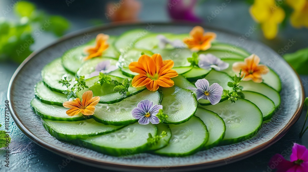 Cucumber slices arranged like a flower, served on a ceramic plate with decorative edible flowers Cucumber slices arranged like a flower, served on a ceramic plate with decorative edible flowers
