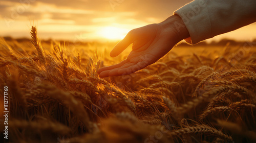Hand touching wheat against a beautiful sunset. Hand running over ripe wheat ears against a golden sunset. Amazing wheat field.