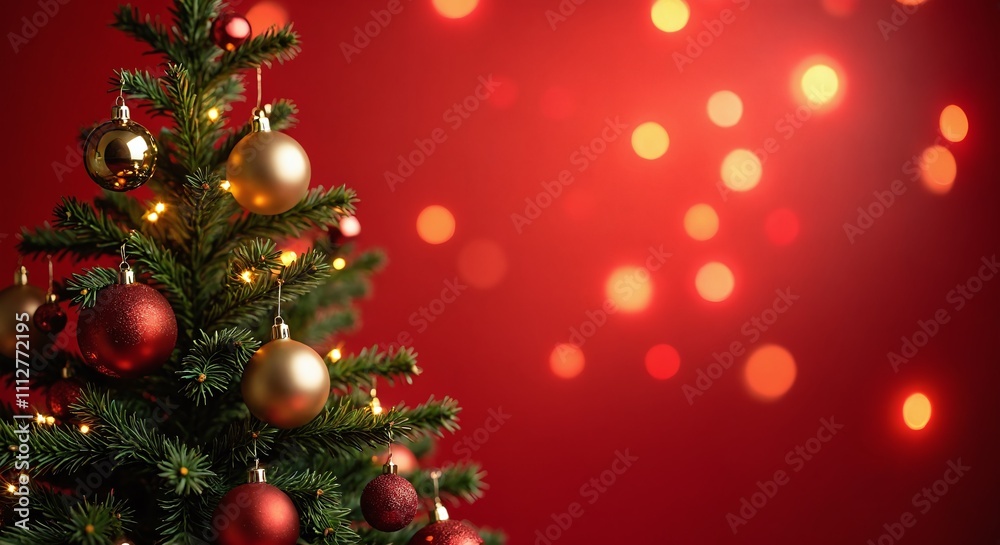 Brightly decorated Christmas tree with ornaments and warm lights glowing against a red background Brightly decorated Christmas tree with ornaments and warm lights glowing against a red background