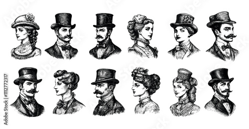 Engraving retro gentleman and woman portraits. Gallant mustached man in cylinder hat with lady victorian characters heads, vintage hand drawn black ink monochrome isolated vectors on white background