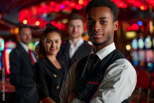 Photograph of a USA group of workers at a luxurious casino with the illuminated slot machines in the background.