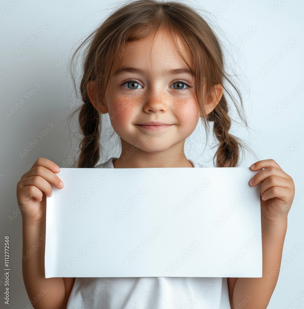 A sweet little girl holding an empty sheet of white paper in her hands. A sweet little girl holding an empty sheet of white paper in her hands.