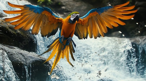 A Blue-and-Gold Macaw spreading its wings mid-flight near a waterfall photo