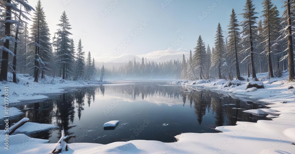 Obraz premium A snow-covered forest with a frozen lake in the distance, serene atmosphere, frozen wilderness