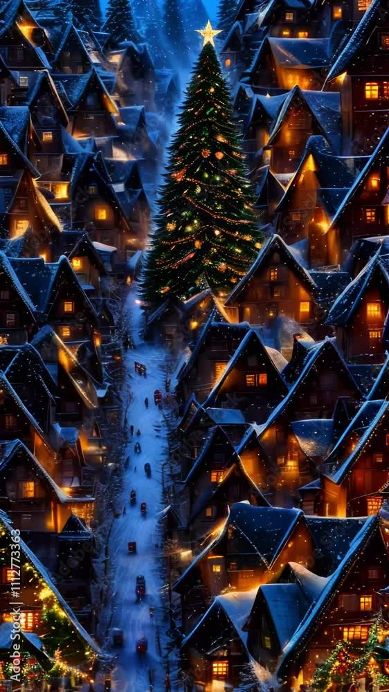 Vibrant snowy Christmas scenery, Christmas village with winter market and big Christmas trees, snow, snowflakes, cozy lights, happy people, digital Christmas Card, Xmas, Christmas, magical holiday Vibrant snowy Christmas scenery, Christmas village with winter market and big Christmas trees, snow, snowflakes, cozy lights, happy people, digital Christmas Card, Xmas, Christmas, magical holiday