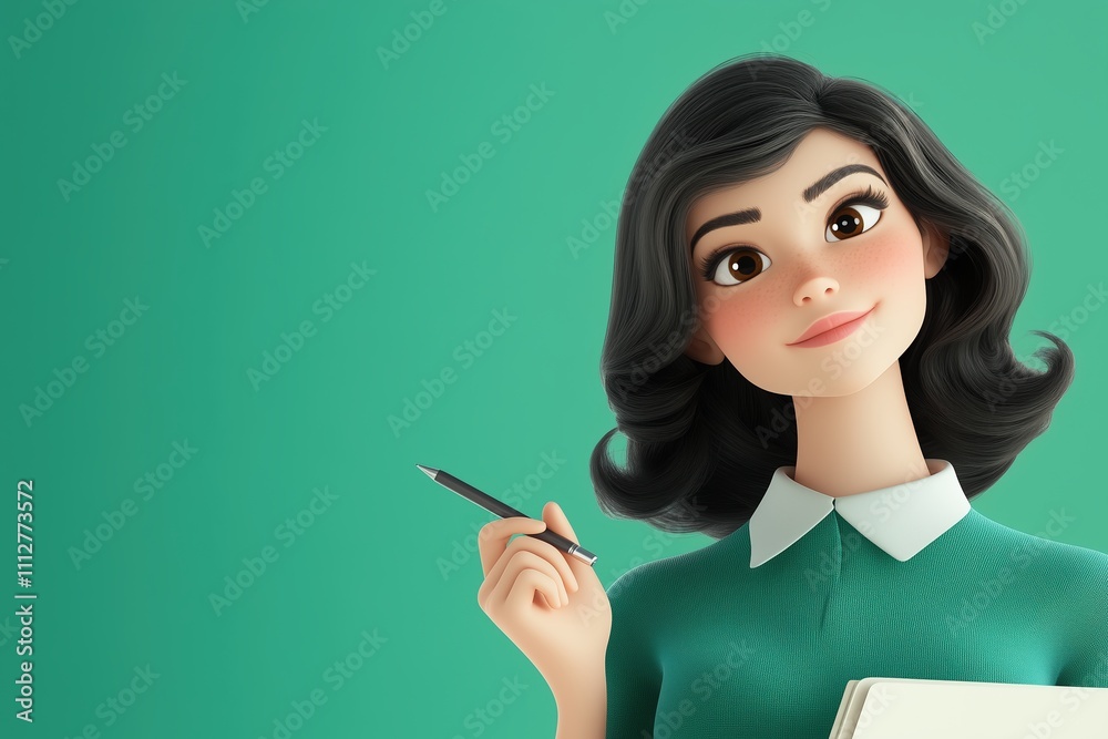 A 3D cartoon character with short dark hair, a green sweater, holding a pen and a book, smiling confidently against a green background A 3D cartoon character with short dark hair, a green sweater, holding a pen and a book, smiling confidently against a green background