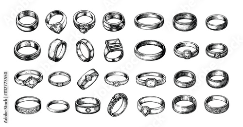 Engraving rings. Man or woman finger accessories jewelry, gold and silver bands with gems and diamonds, wedding or rich well being wearable symbols, hand drawn black ink sketch isolated vectors