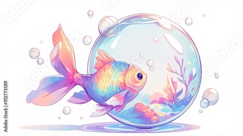 A colorful goldfish swims in a vibrant bubble aquarium.