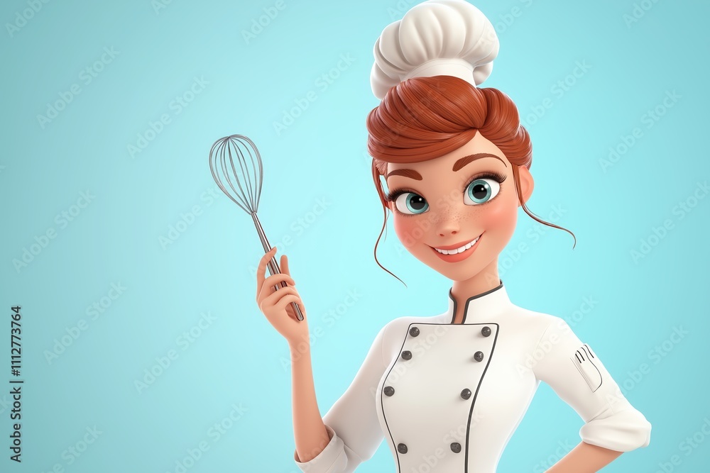 A 3D cartoon character with red hair in a bun, wearing a chef's uniform and holding a whisk with a playful smile against a light blue background A 3D cartoon character with red hair in a bun, wearing a chef's uniform and holding a whisk with a playful smile against a light blue background