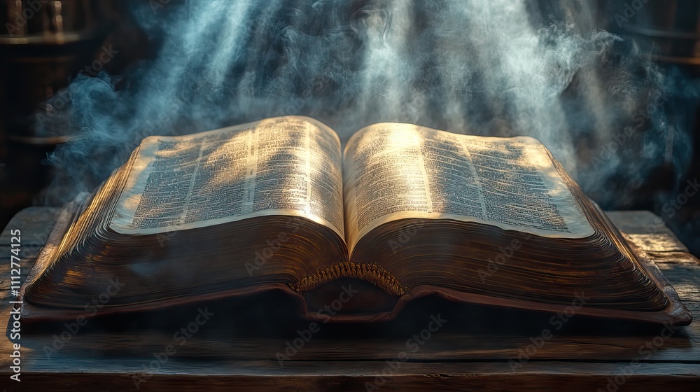 Obraz premium bible on wooden table with rays of light and smoke on background