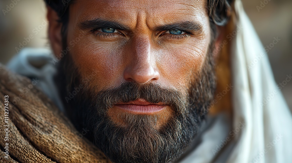 biblical character close up portrait of a serious man with a beard and shawl looking at camera biblical character close up portrait of a serious man with a beard and shawl looking at camera