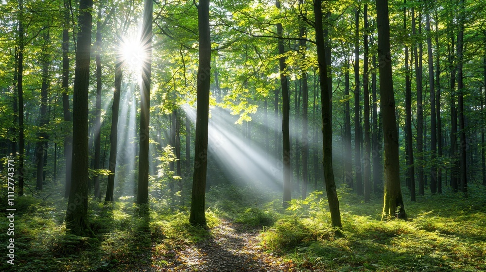 Obraz premium The sun is shining through the trees, casting a warm glow on the forest floor